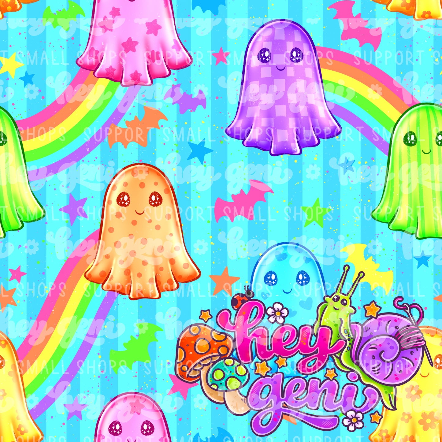 COLORFUL GHOSTIES ON BLUE STRIPES